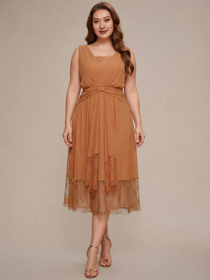 Roselledress caramel plus size bridesmaid dress front view, sleeveless v-neck waist tie chiffon lace hem midi formal gown