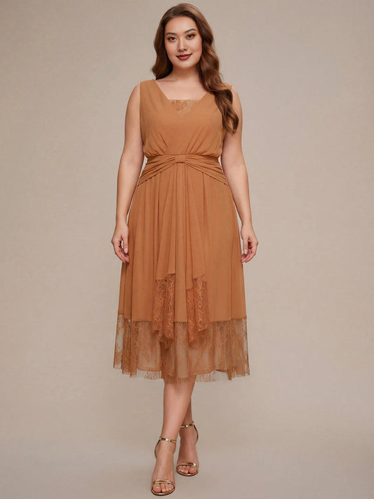Roselledress caramel plus size bridesmaid dress front view, sleeveless v-neck waist tie chiffon lace hem midi formal gown