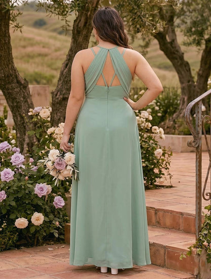 Roselledress sage green chiffon bridesmaid dress back view, keyhole strappy back zipper closure plus size formal wedding long dress
