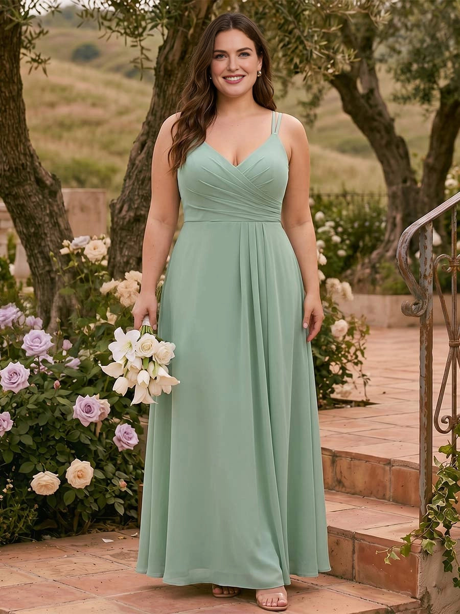 Roselledress sage green plus size bridesmaid dress front view, v-neck pleated bodice spaghetti strap chiffon a-line gown for garden wedding