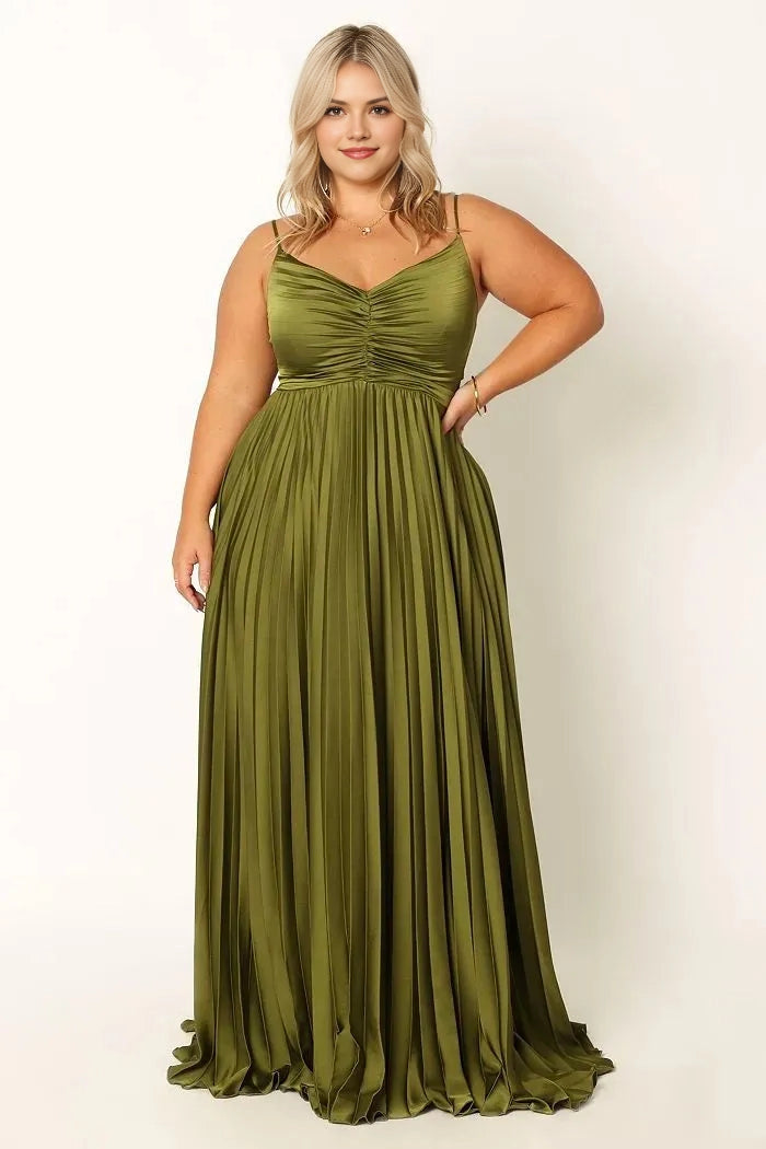 Roselledress olive green plus size bridesmaid dress sweetheart ruched bodice spaghetti strap pleated satin floor‑length a‑line gown front view