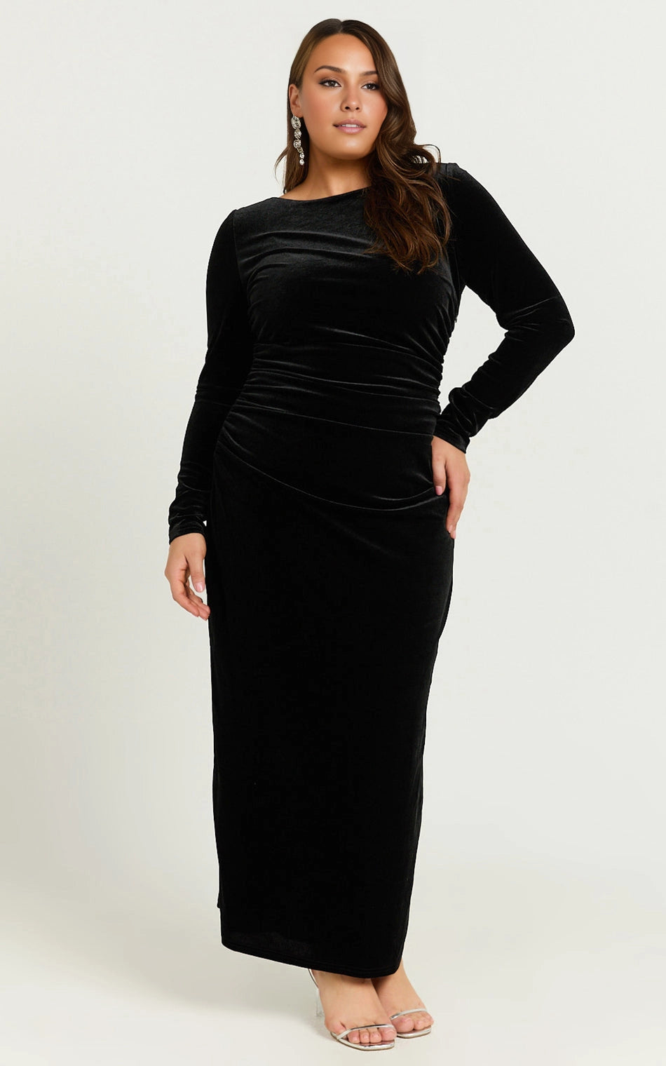 Roselledress black plus size velvet maxi wedding guest dress long sleeve boat neck ruched waist evening gown front view