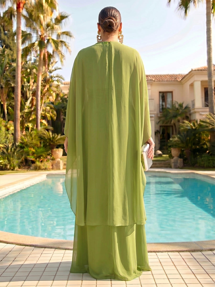 Roselledress olive green chiffon formal gown back view, zip back plus size mother of bride floor length mermaid dress