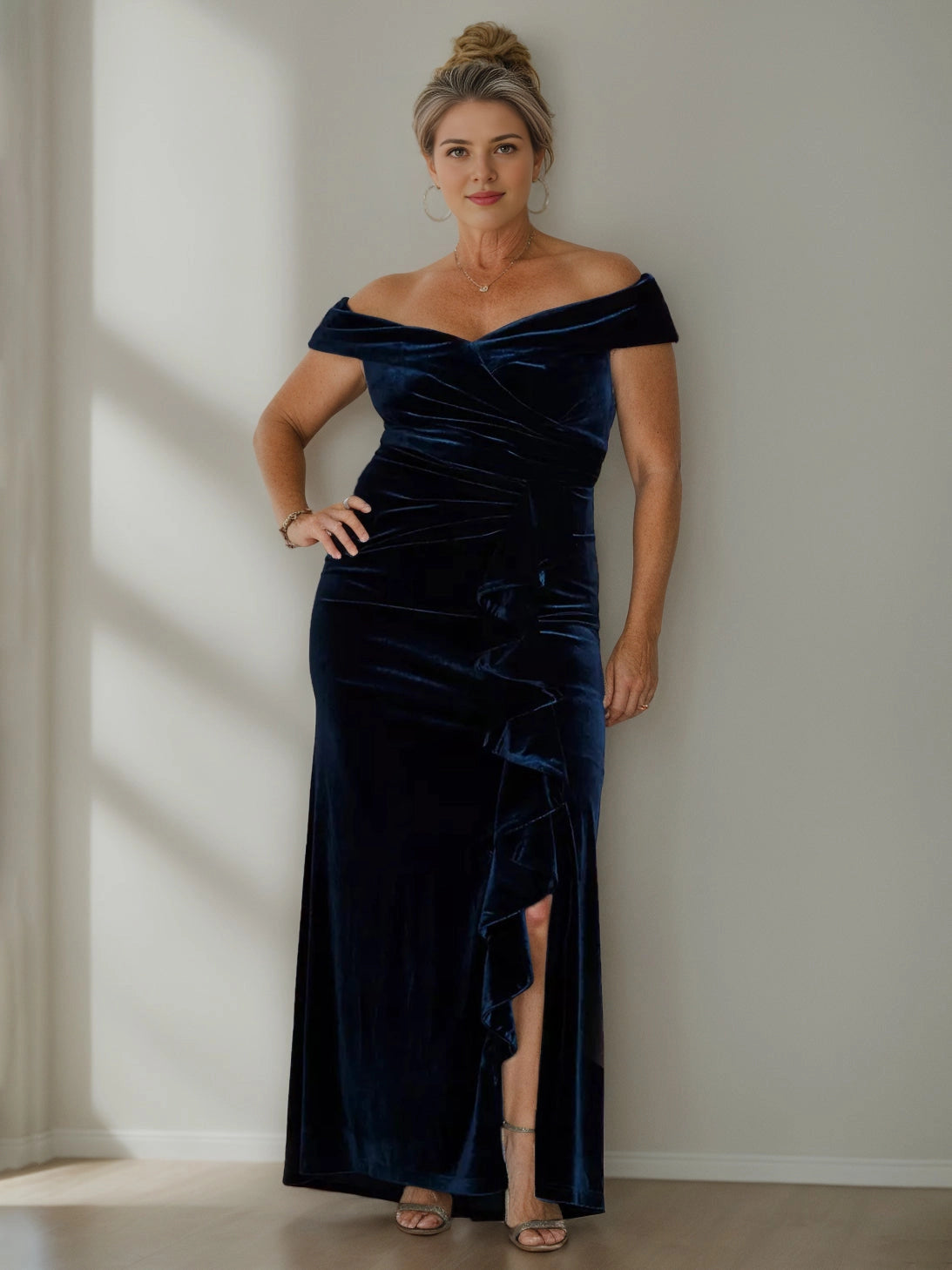 Roselledress navy blue plus size velvet mermaid formal dress off shoulder ruched bodice ruffle slit gown front view