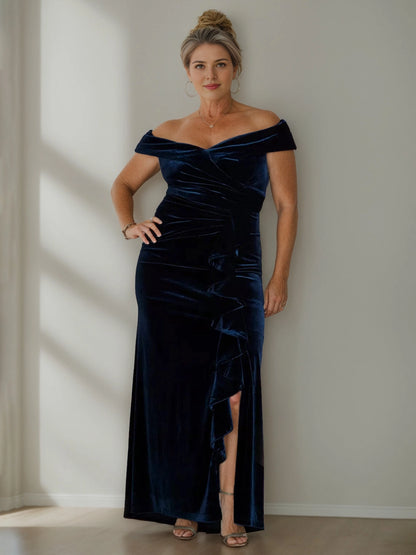 Roselledress navy blue plus size velvet mermaid formal dress off shoulder ruched bodice ruffle slit gown front view