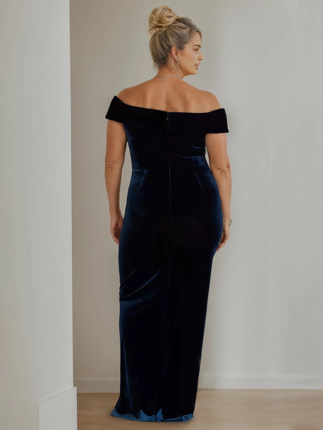 Roselledress dark navy plus size off shoulder evening dress velvet zipper back mother of bride gown back view
