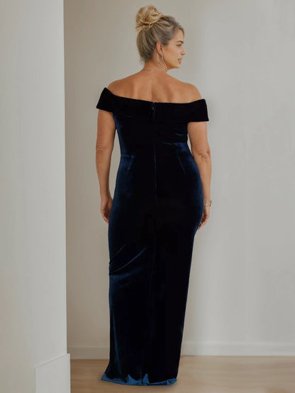 Roselledress dark navy plus size off shoulder evening dress velvet zipper back mother of bride gown back view