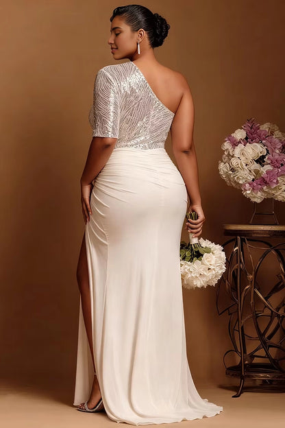 Roselledress sequin chiffon formal dress one shoulder open back zipper curvy bridal evening gown back view