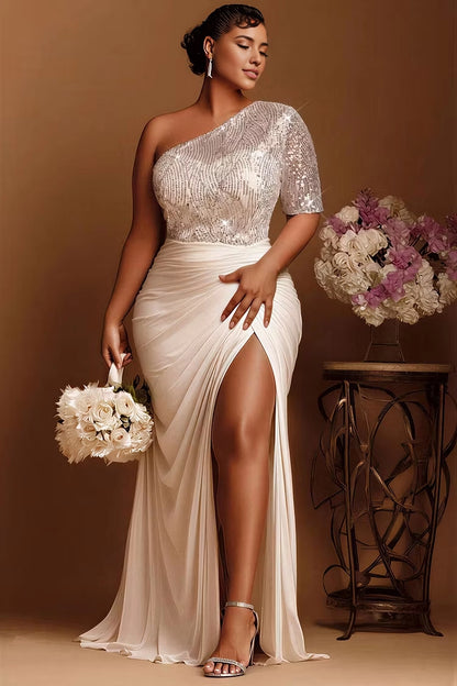 Roselledress white plus size mermaid gown one shoulder half sleeve silver sequin bodice ruched high slit chiffon wedding dress front view