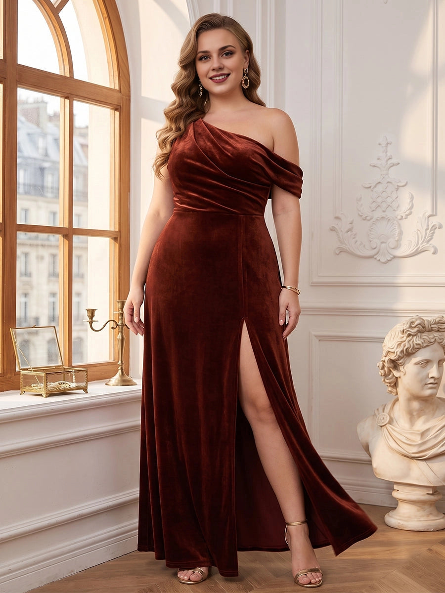 Roselledress burgundy plus size bridesmaid dress one shoulder draped velvet mermaid gown with high slit front view