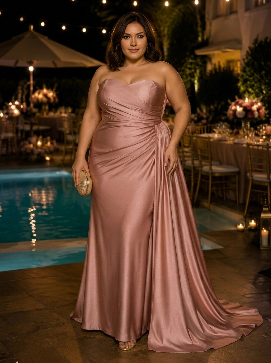 Roselledress dusty rose plus size bridesmaid dress strapless sweetheart draped satin gown with train front view