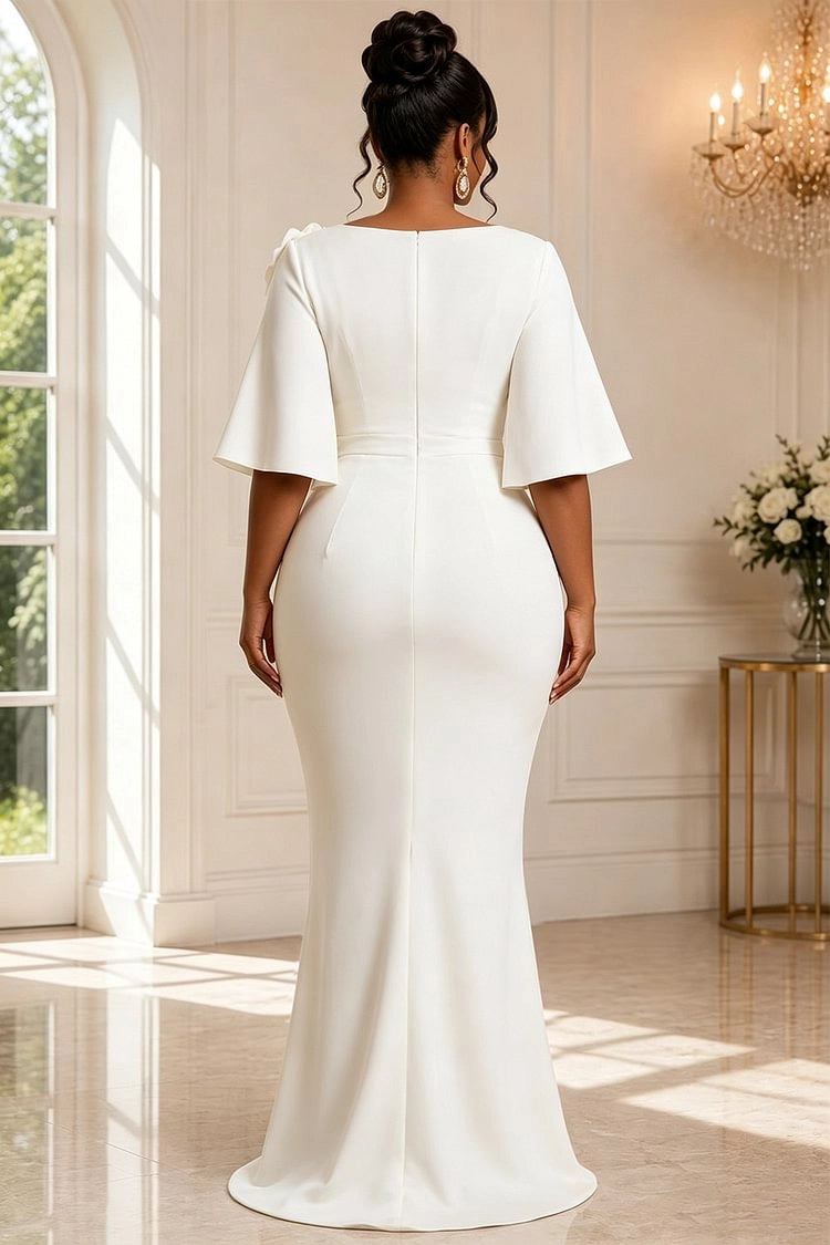 Roselledress solid white crepe mother of bride dress plus size plain back zipper bodycon evening maxi gown back view