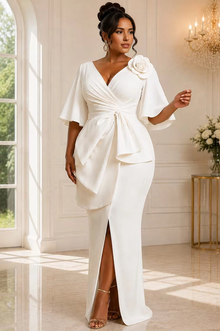 Roselledress white plus size mermaid gown deep v wrap flutter sleeve waist sash 3d flower high slit formal wedding dress front view