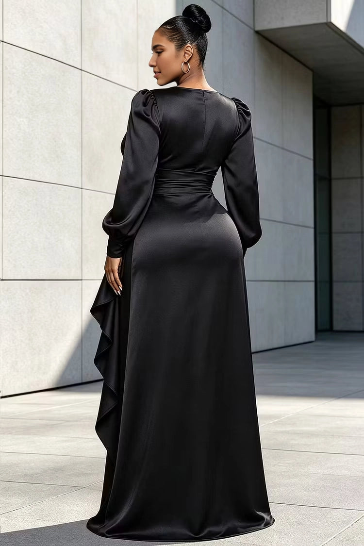 Roselledress black mermaid party dress puff sleeve back zipper plus size glossy satin gown back view