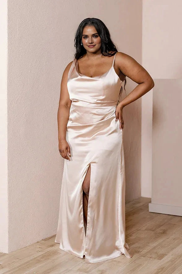 Roselledress champagne satin plus size bridesmaid dress front view,cowl neck spaghetti strap high slit sheath long gown