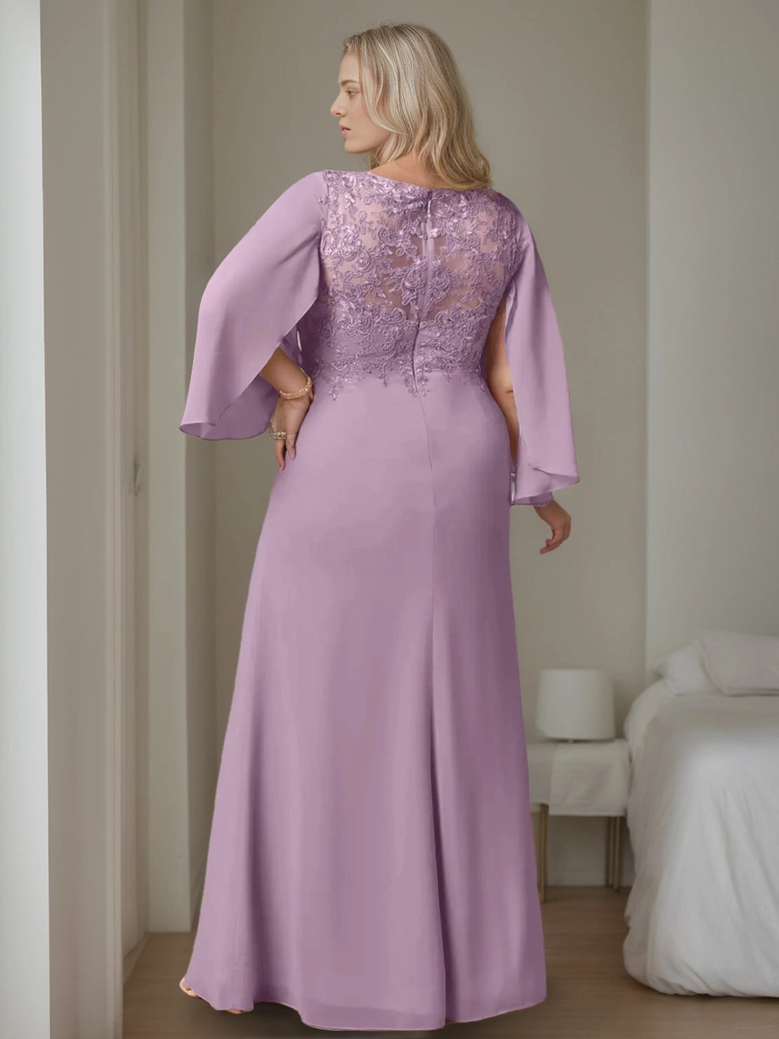 Roselledress mauve purple plus size formal long dress sheer lace back zipper chiffon mother wedding gown back view