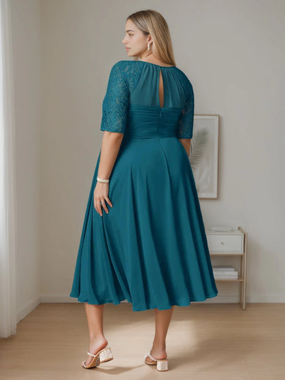 Roselledress teal plus size formal midi dress keyhole back ruched waist invisible zipper lace elbow sleeves back view