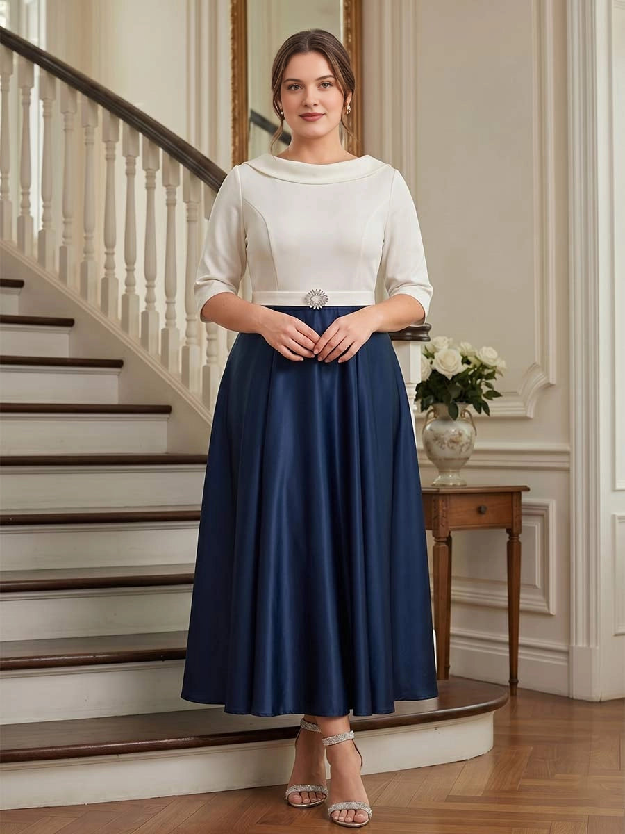 Roselledress plus size navy ivory mother of the bride dress,A‑line satin tea‑length gown with bateau neck 3/4 sleeve rhinestone waist