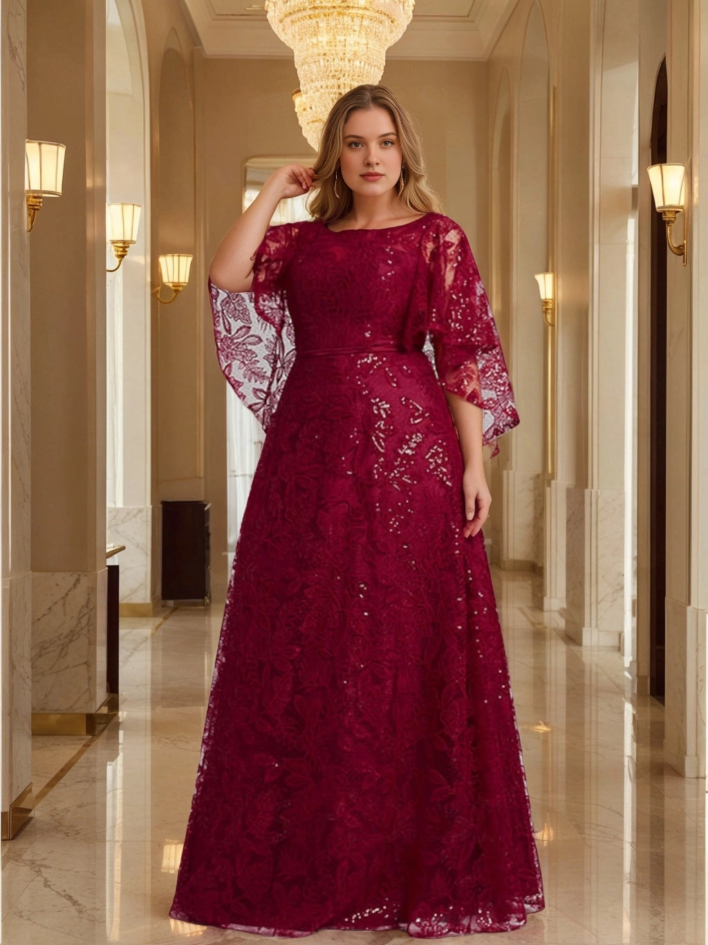 Roselledress burgundy plus size mother of the bride dress,a‑line bateau neck cape sleeve lace sequin formal gown