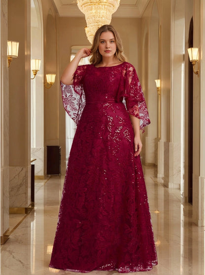 Roselledress burgundy plus size mother of the bride dress,a‑line bateau neck cape sleeve lace sequin formal gown