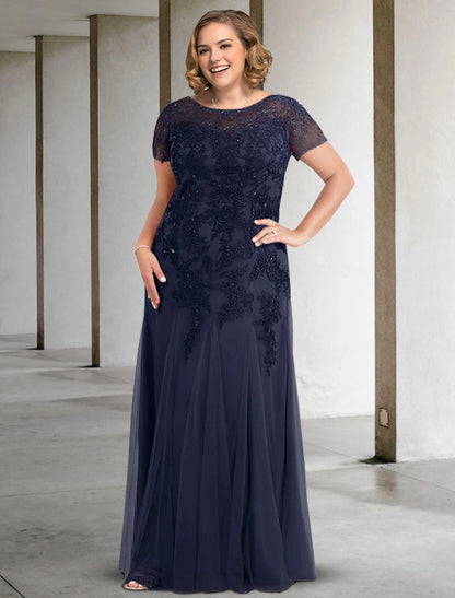 Roselledress navy plus size mother of the bride dress bateau neck short sleeve lace applique a‑line tulle gown front view
