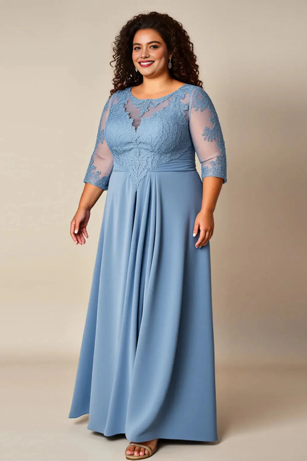 Roselledress dusty blue plus size mother of the bride dress illusion neck 3/4 lace sleeve a‑line gown front view