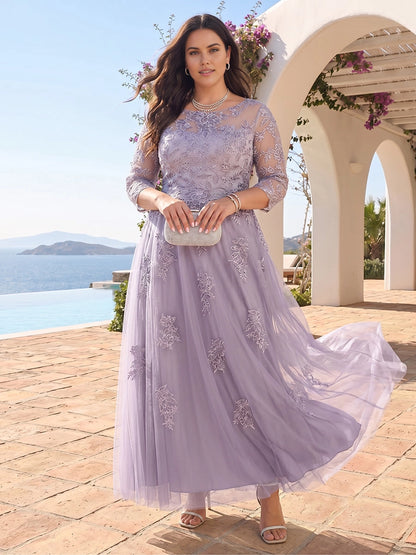 Roselledress plus size lavender mother of the bride dress,A‑line tulle gown with illusion neck floral lace 3/4 long sleeves