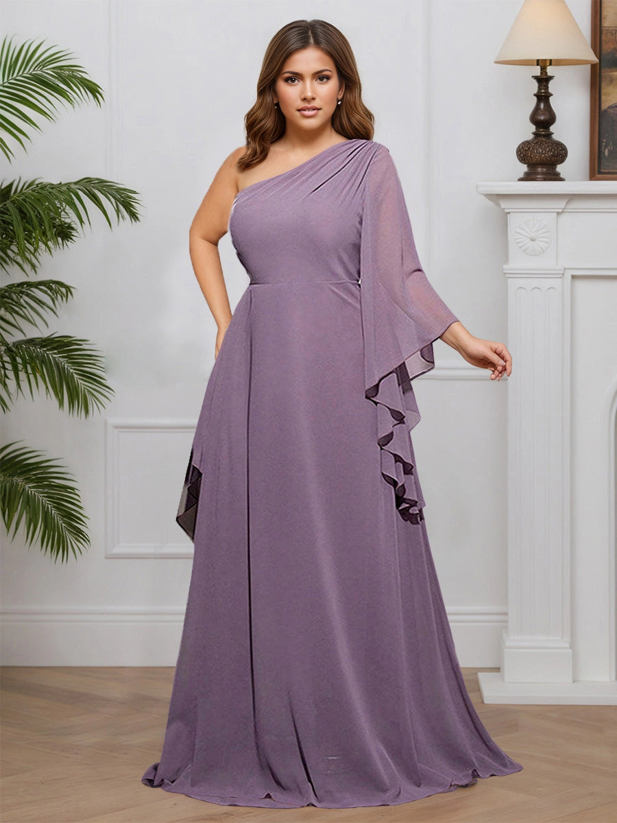 Roselledress plus size mother of the bride dress, elegant dusty purple chiffon floor‑length gown with one‑shoulder cape sleeve high slit