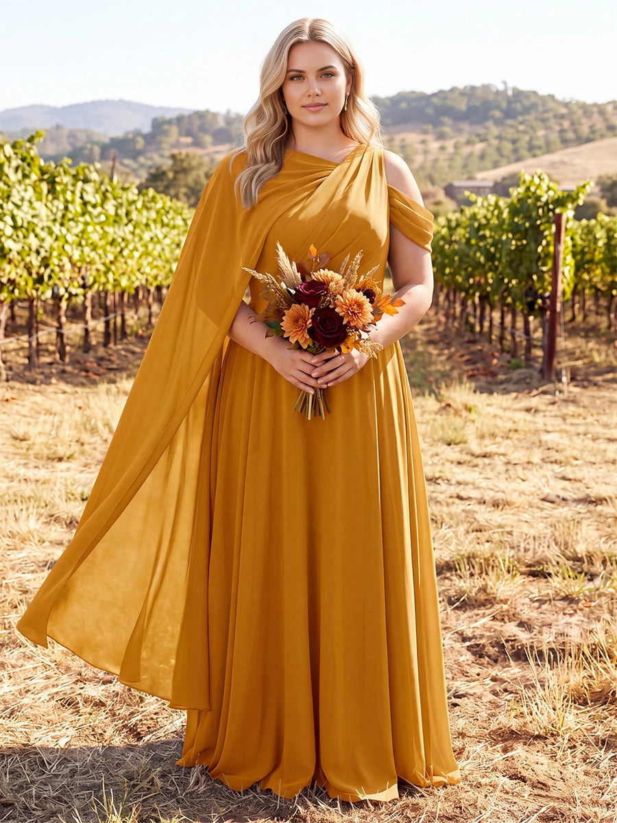 Roselledress mustard yellow plus size bridesmaid dress,a‑line one‑shoulder cape sleeve chiffon formal gown