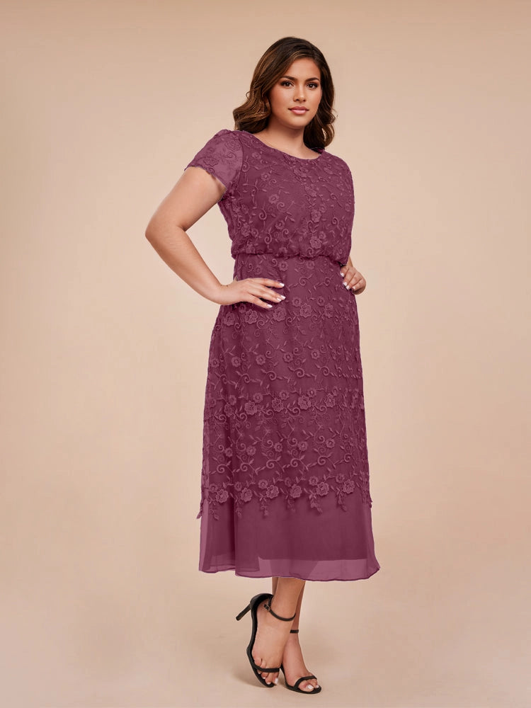 Roselledress plus size mother of the bride dress, elegant a‑line plum lace midi dress with round neck short sleeve for wedding guest