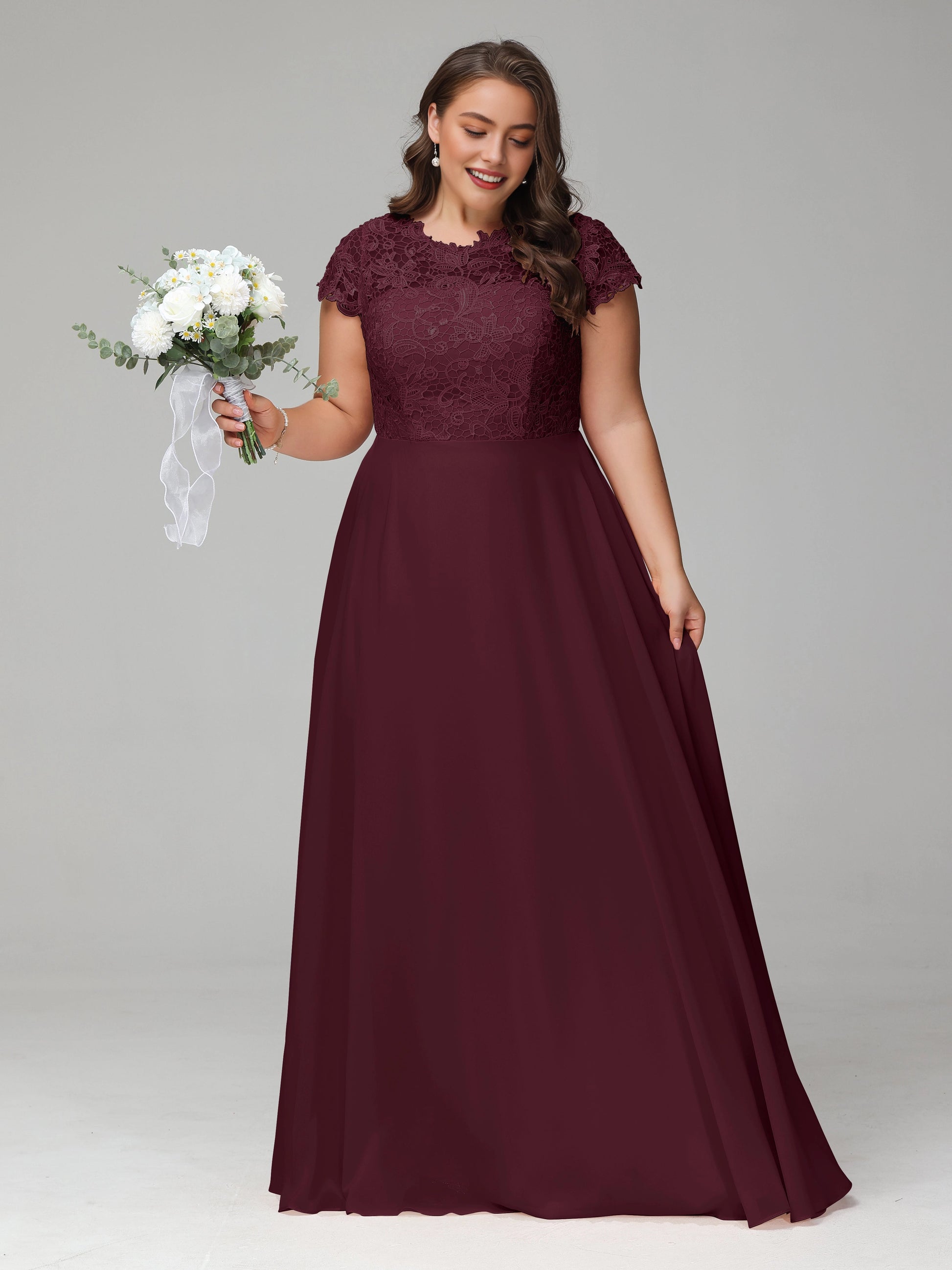 Roselledress plus size burgundy mother of the bride dress lace cap sleeve a‑line long gown with pockets
