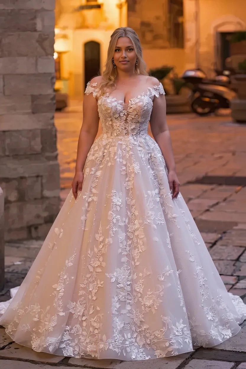 Roselledress plus size A‑line wedding dress sweetheart off shoulder cap sleeve shimmer tulle floral lace bridal gown