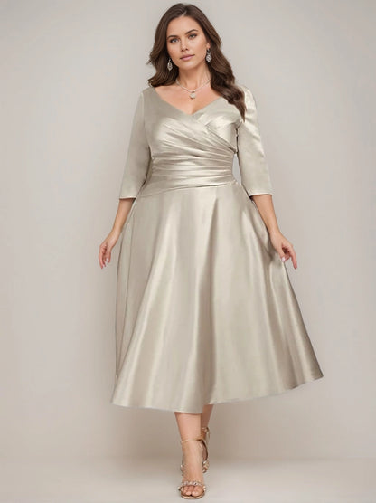 Roselledress plus size champagne mother of the bride dress,A‑line satin v‑neck 3/4 sleeve formal tea‑length gown