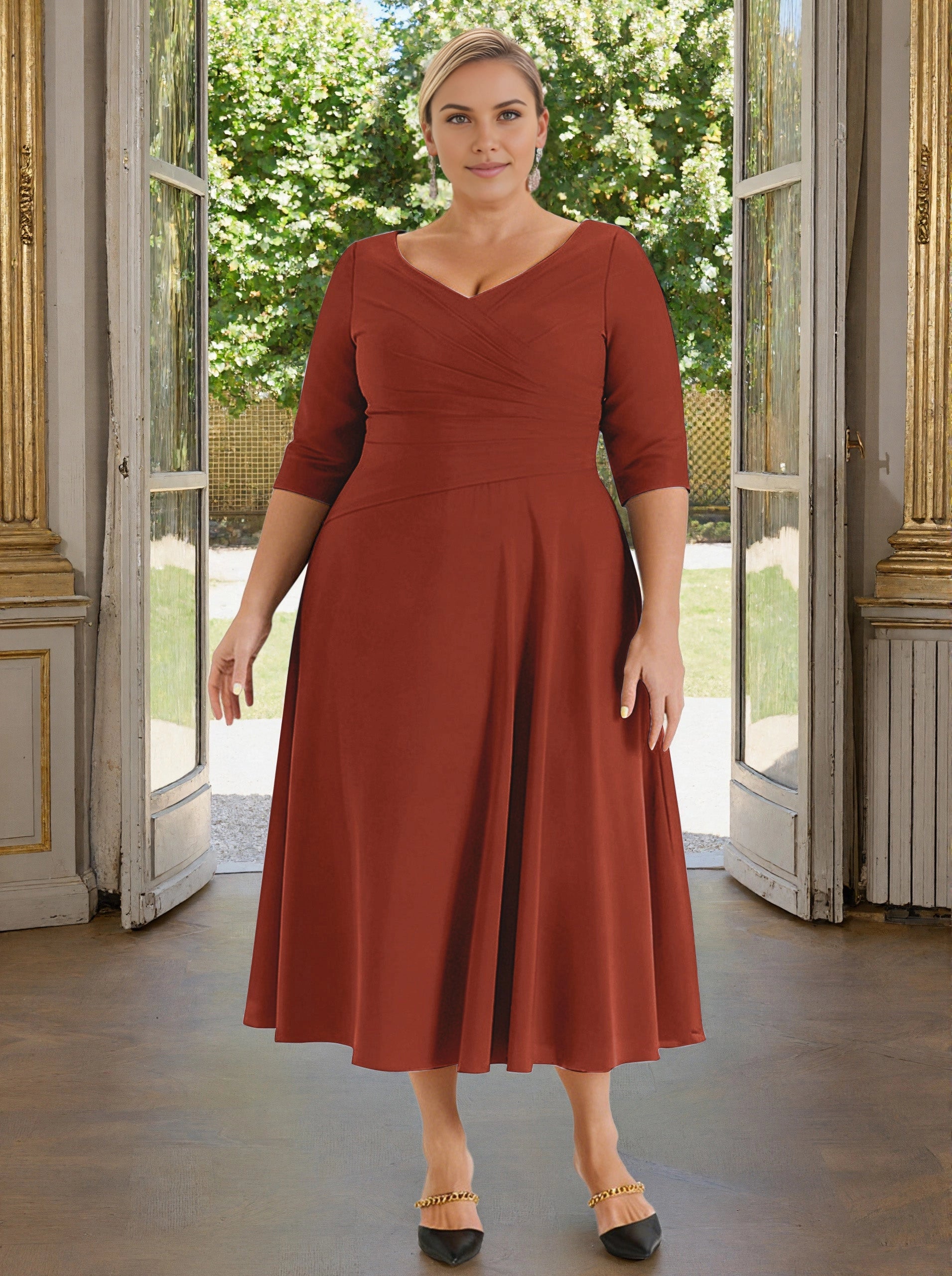 Roselledress plus size mother of the bride dress, rust red midi formal gown with v‑neck 3/4 sleeve cross wrapped waist A‑line skirt