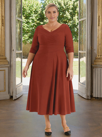 Roselledress plus size mother of the bride dress, rust red midi formal gown with v‑neck 3/4 sleeve cross wrapped waist A‑line skirt
