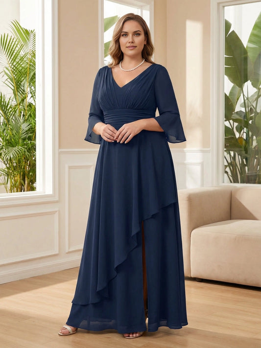 roselledress navy plus size mother dress v neck bell mid sleeve ruched bodice layered ruffle chiffon floor gown with slit