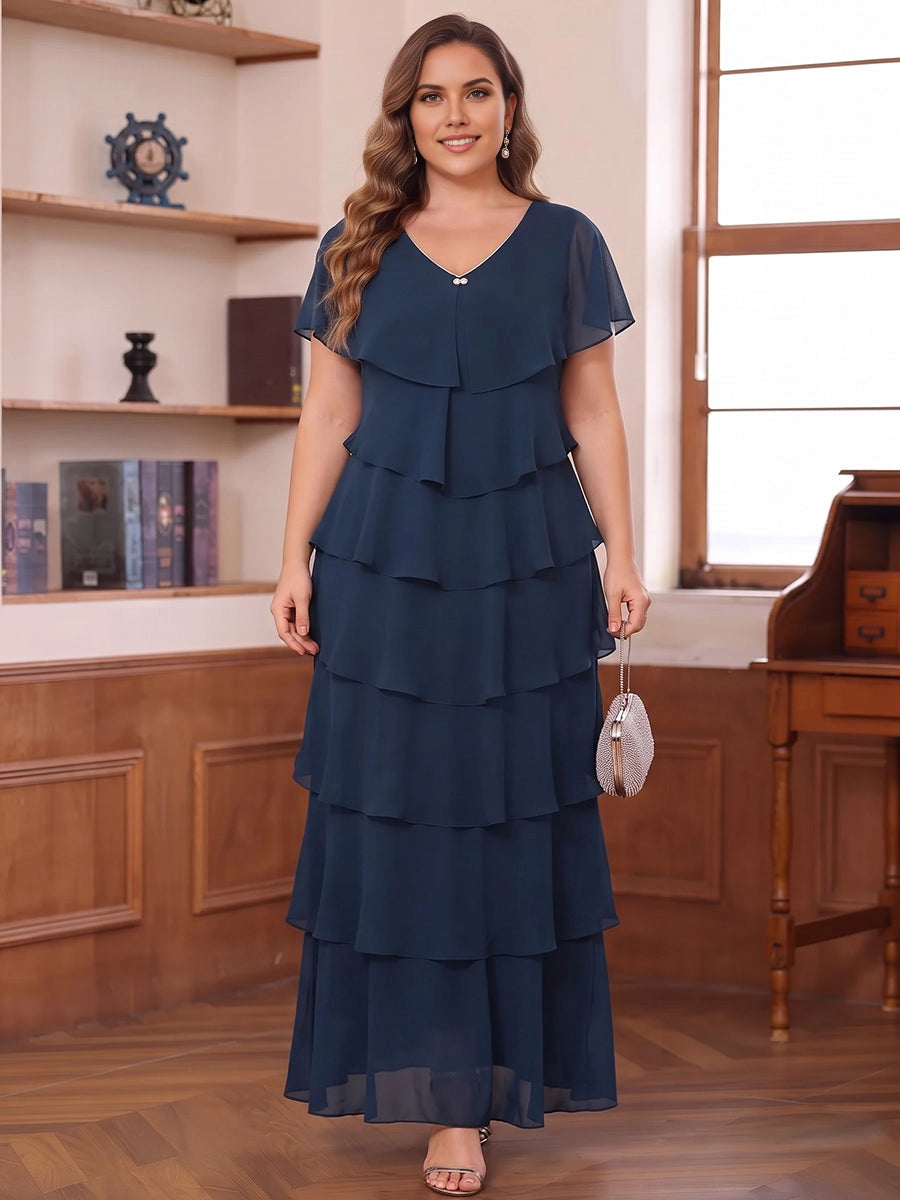 Roselledress navy blue plus size mother of the bride dress,a‑line v‑neck flutter short sleeve tiered chiffon formal gown