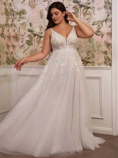 Roselledress plus size a‑line wedding dress v neck sleeveless floral lace tulle court train bridal gown