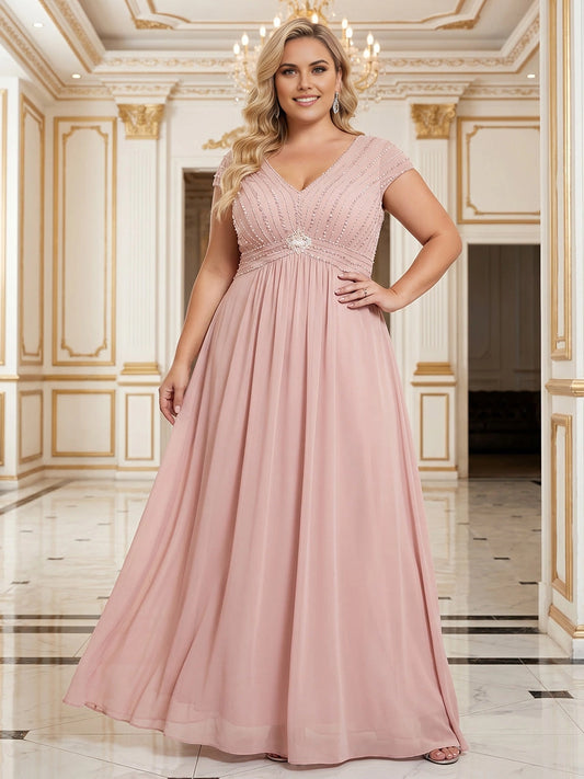 roselledress blush a line mother of the bride dress beaded v neck cap sleeve empire waist rhinestone chiffon floor length gown