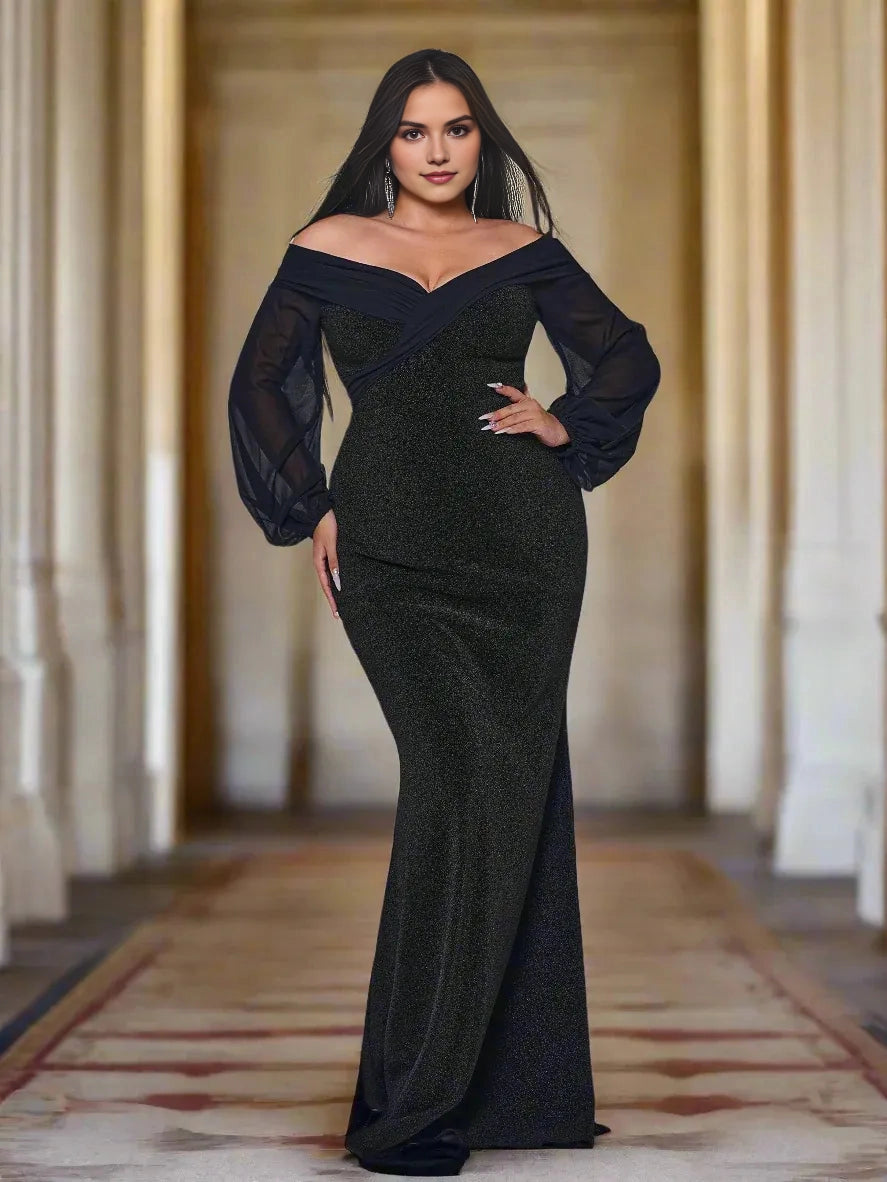 Roselledress black plus size wedding guest dress off shoulder long sheer sleeve glitter mermaid floor‑length gown front view