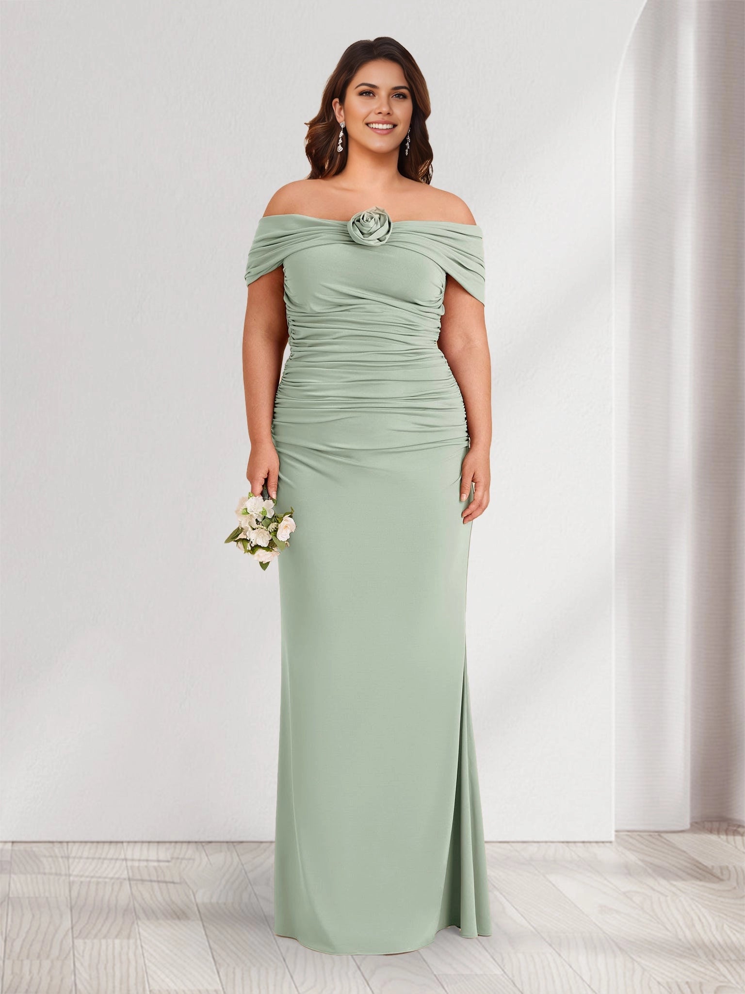 Roselledress sage green plus size mother of the bride dress,mermaid off‑shoulder short sleeve 3d flower ruched maxi formal gown with slit