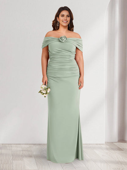 Roselledress sage green plus size mother of the bride dress,mermaid off‑shoulder short sleeve 3d flower ruched maxi formal gown with slit