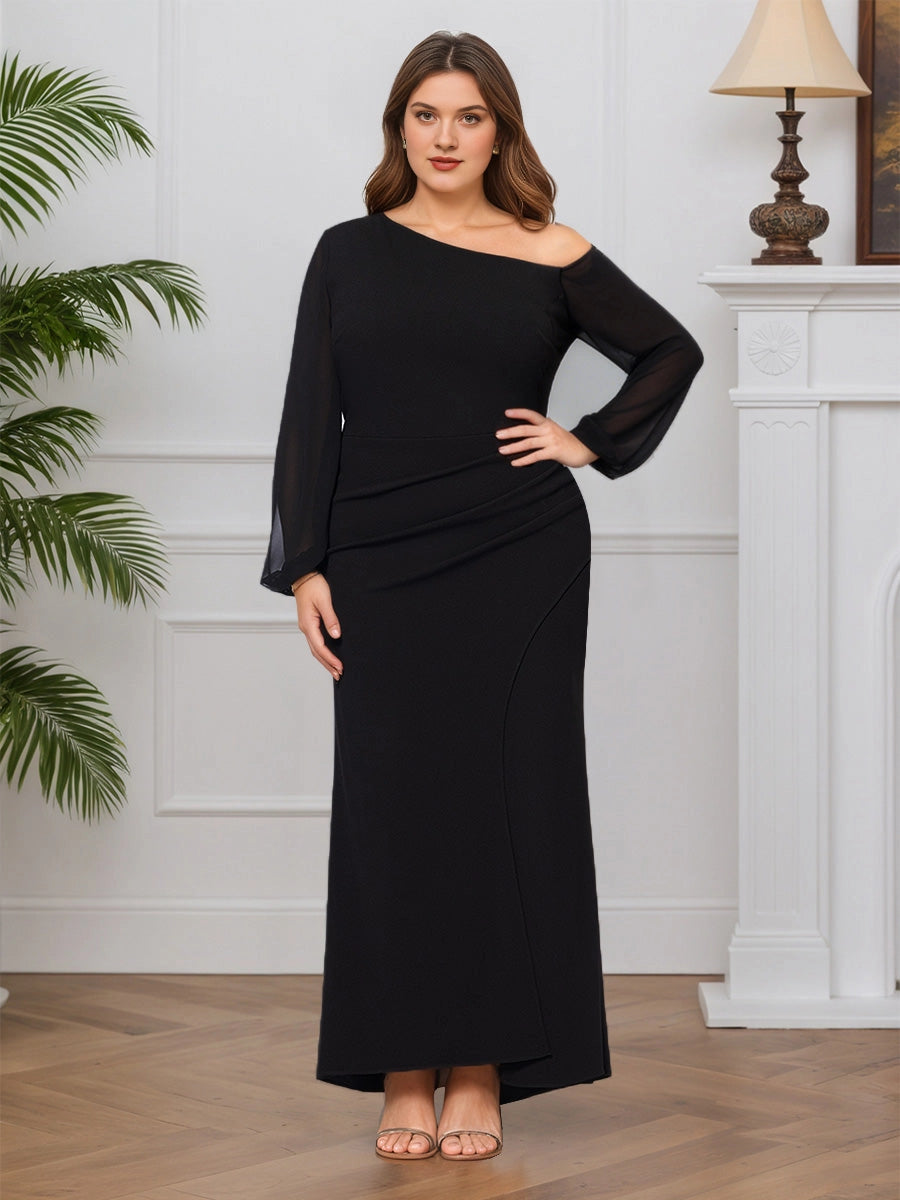 Roselledress plus size black wedding guest dress one shoulder long sheer sleeve mermaid floor‑length formal gown