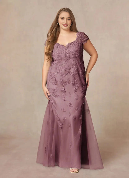 Roselledress dusty mauve plus size mother of the bride dress sweetheart cap sleeve lace mermaid tulle gown front view