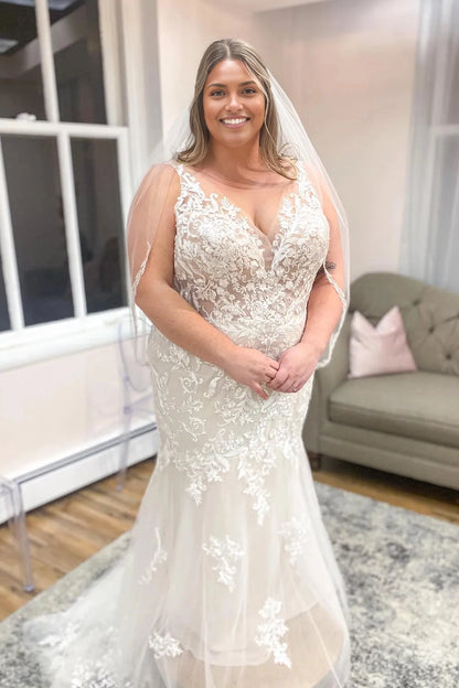 Roselledress plus size mermaid lace wedding dress v neck sleeveless tulle chapel train bridal gown