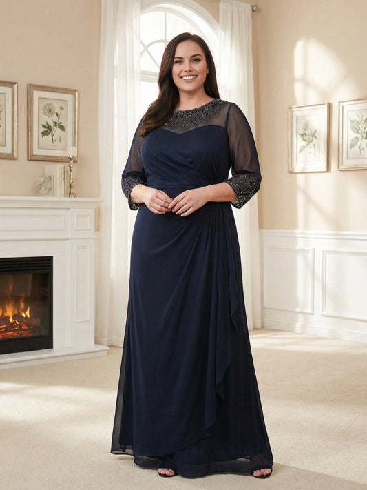 roselledress navy a line mother of the bride dress beaded illusion neck sheer 3/4 mesh sleeve chiffon floor‑length gown with draped side panel