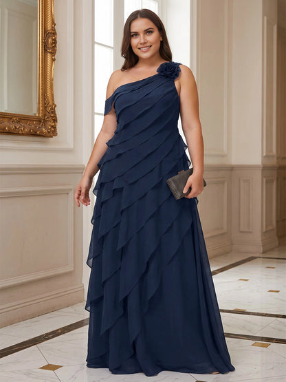roselledress navy a‑line wedding guest dress one shoulder 3d fabric flower cascading ruffle chiffon floor‑length plus size gown