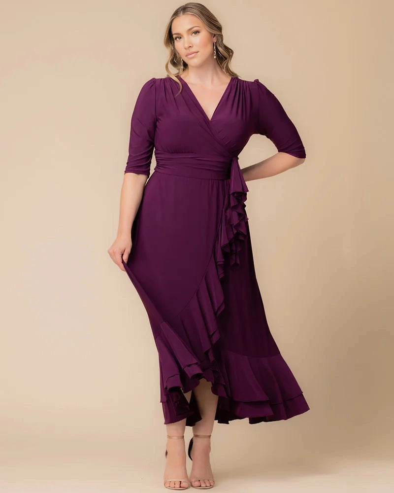 roselledress plum plus size wedding guest dress wrap v neck 3/4 sleeve self tie waist cascading side ruffle front slit double ruffle hem floor gown