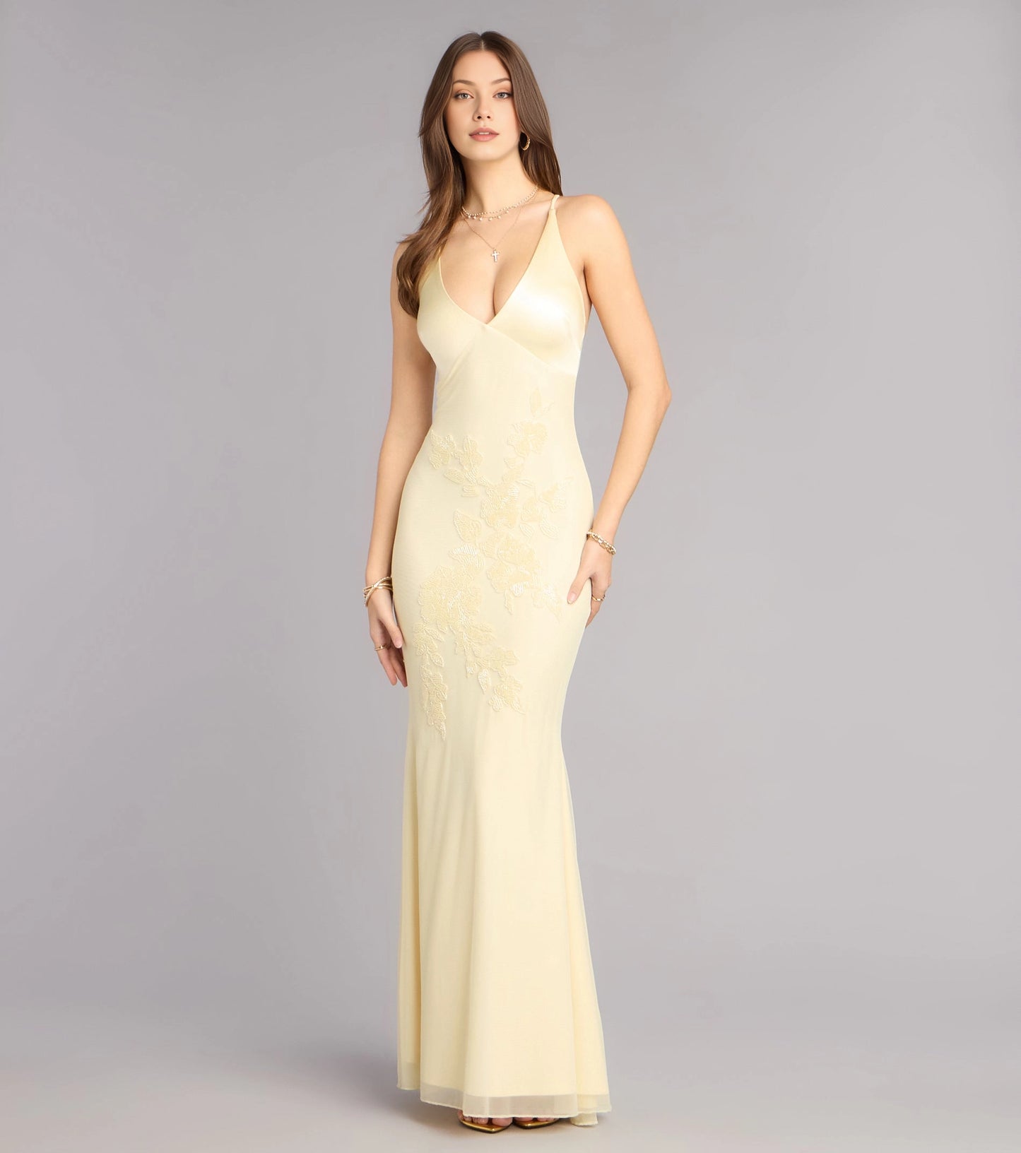 Embroidered Mermaid V-neck Spaghetti Strap Tie Back Maxi Homecoming Dress