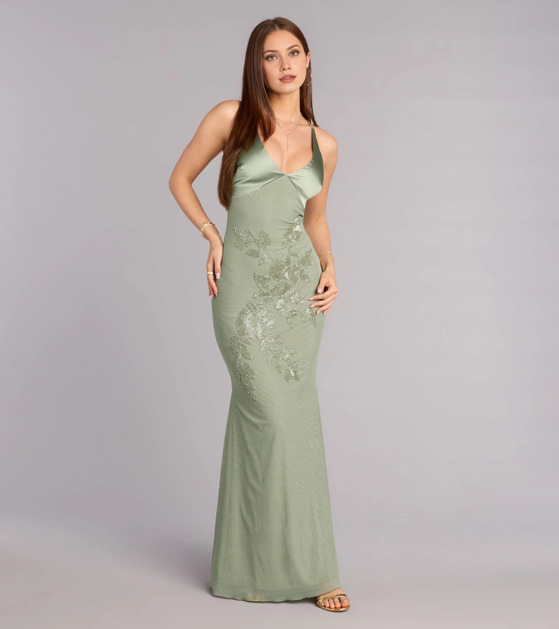 RoselleDress sage green embroidered mermaid maxi bridesmaid dress, satin v-neck thin straps, tie halter open back mesh formal wedding guest gown